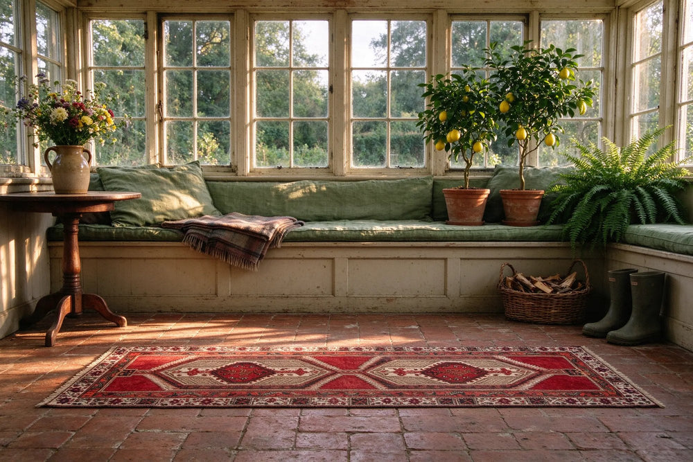 Red and cream Ardabil runner lying side-on across terracotta tiles in a garden room with a green-cushioned window seat, lemon trees and ferns