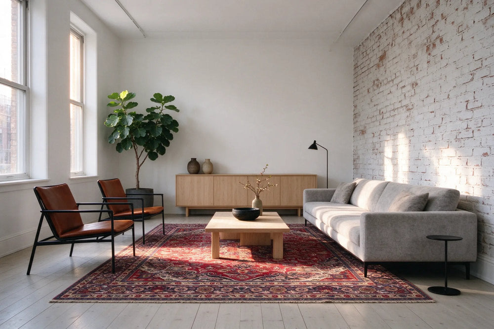 Modern white living room with a painted brick wall, a large red Persian medallion rug under a gray sofa, cognac leather chairs and oak table