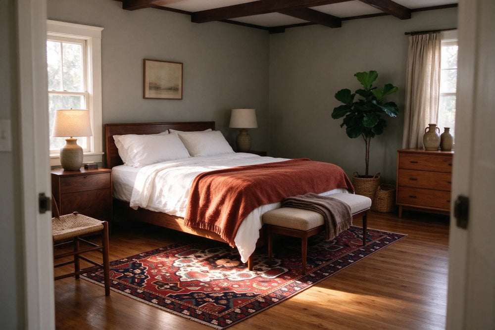 Bungalow bedroom with putty gray walls and a honey oak floor, a red and navy Bakhtiari rug beside a wooden bed with a rust blanket