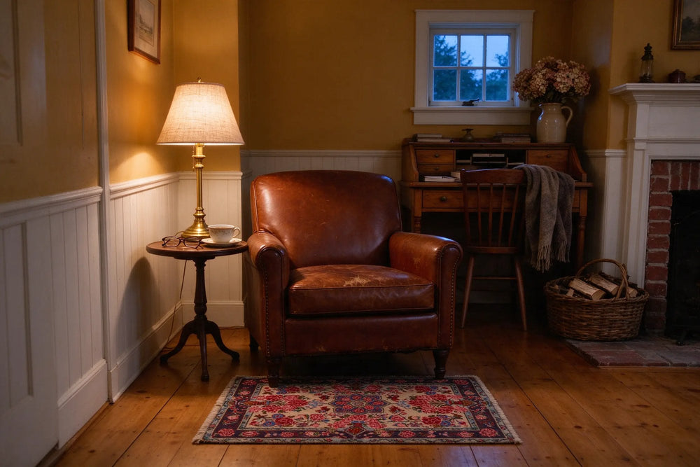 Small cottage study at dusk with mustard walls, white wainscoting, leather armchair, brass lamp and a cream, red and navy mat on pine boards