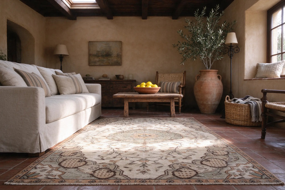 Low view across the wool pile of a cream and taupe rug on terracotta tiles in a Mediterranean living room with a linen sofa