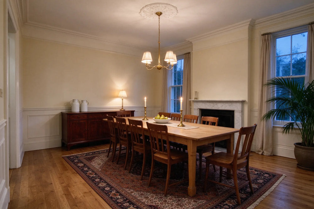 Cream Victorian dining room at dusk, a rust and navy Tabriz rug under a long oak table and wooden chairs, brass chandelier and marble fireplace