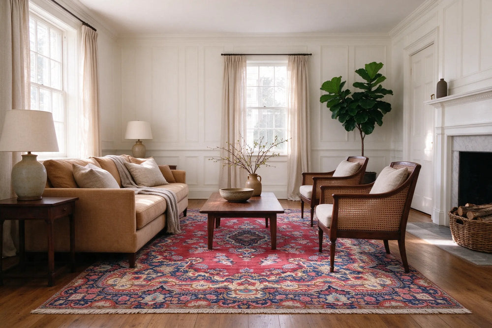 Colonial living room with white paneling where a large red and navy Kerman rug holds a camel sofa, two cane armchairs and a walnut table