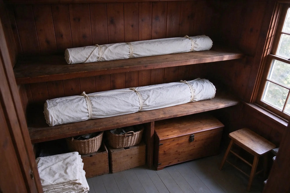 Two rugs rolled and fully wrapped in white cotton on fir shelves in a shaded paneled storeroom, baskets and a chest below