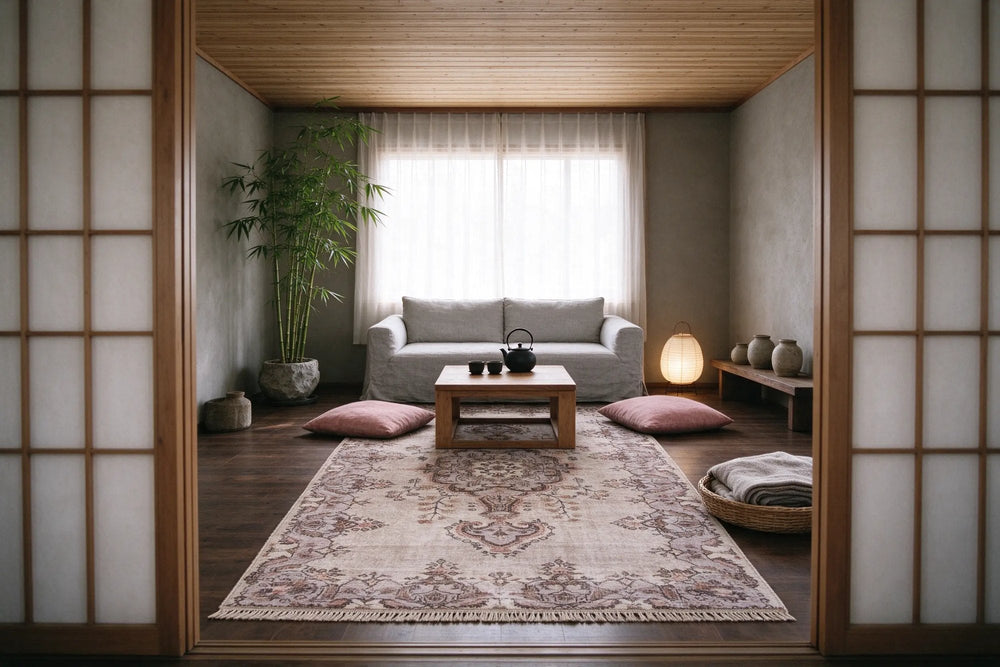 Calm room framed by open lattice doors, gray linen sofa, low oak table, rose floor cushions and a soft gray and rose rug