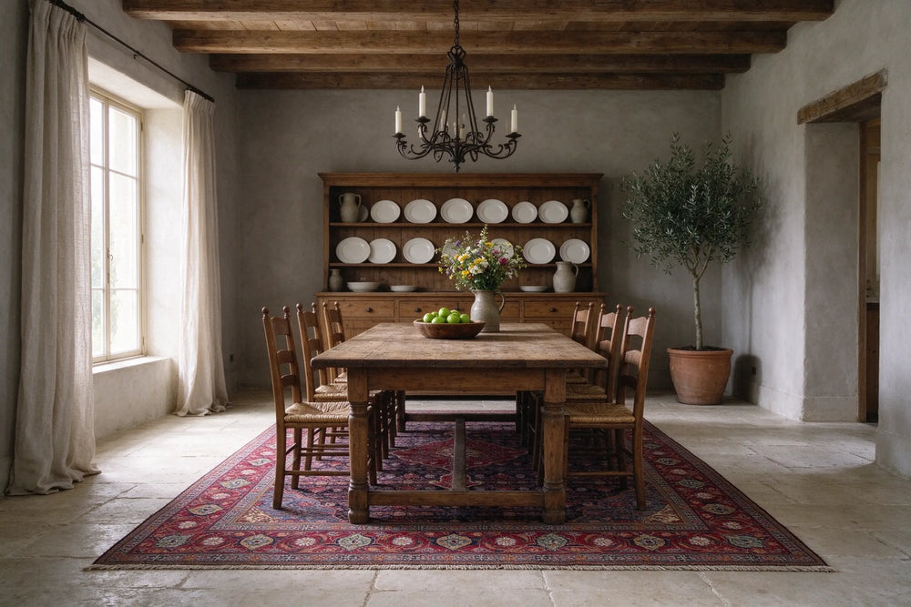 Stone country dining room with a long oak table and rush seat chairs on a navy Persian Mahal rug with a deep red border