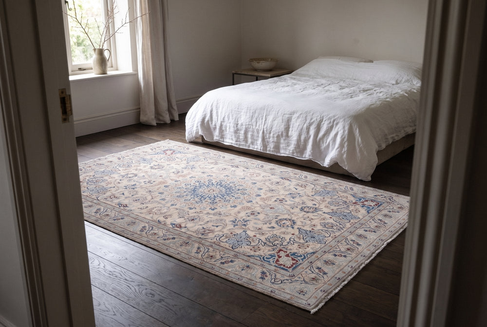 A cream Nain rug with a dusty blue medallion and blue and red corners lying on dark oak boards beside a low bed, seen from a doorway