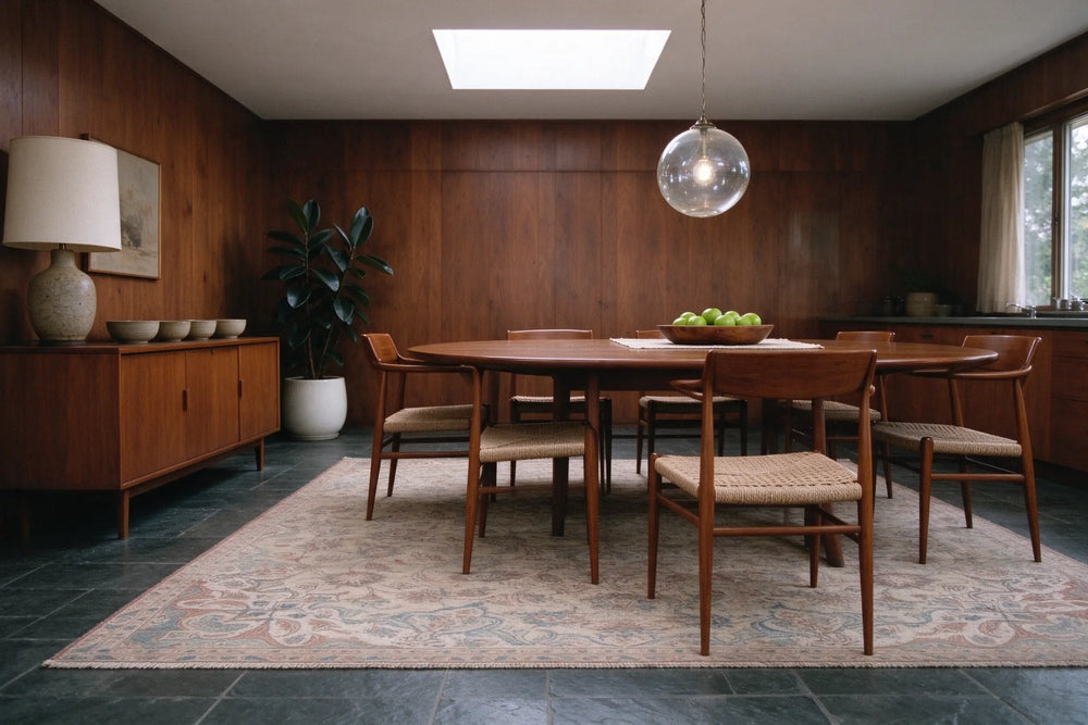 Mid-century dining room with walnut paneling, slate floor and a skylight, teak table and cord-seat chairs on a beige Persian rug