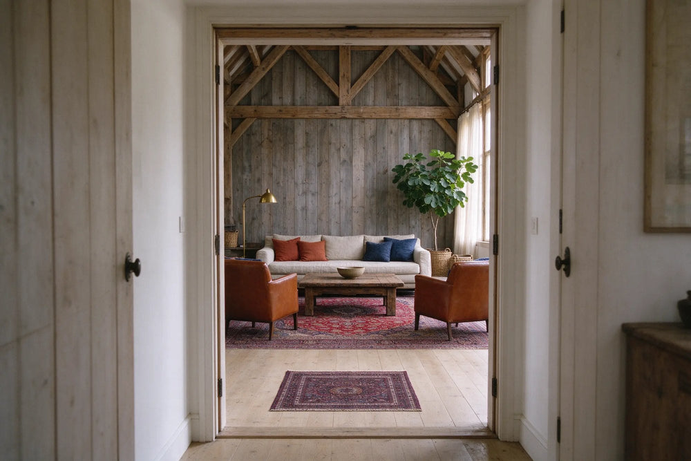 View from a hallway into a converted barn living room, a small Persian mat at the doorway and a large red Persian rug beyond