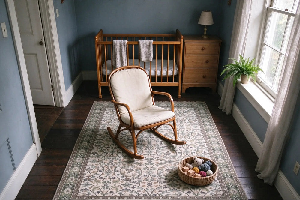 Slate blue nursery seen from above, a bentwood rocking chair standing fully on a pale ivory rug beside a wooden crib