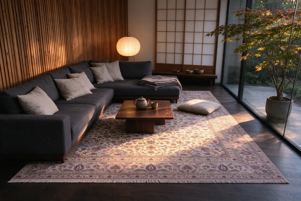 Modern family room with cedar slats and shoji screens, a charcoal L-shaped sectional on a large cream and plum floral rug