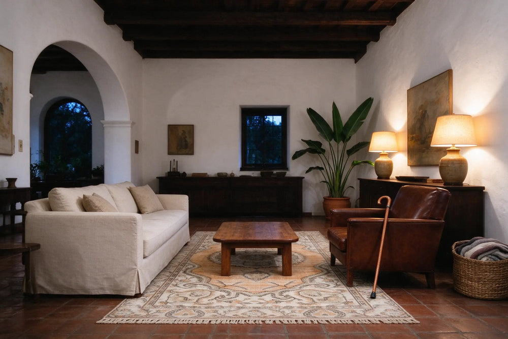 Spanish colonial living room at dusk with open floor space, a cream sofa, a leather armchair with a walking cane and an apricot rug