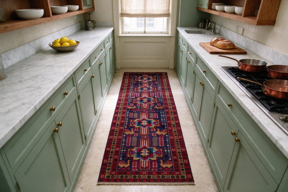 Looking down from above the counter along a sage green galley kitchen at a navy and red runner centered on a limestone floor