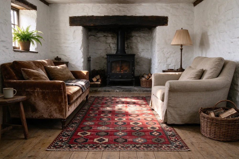 Stone farmhouse den with a wood stove, a brown velvet sofa and a linen armchair on a deep red rug with small repeating motifs