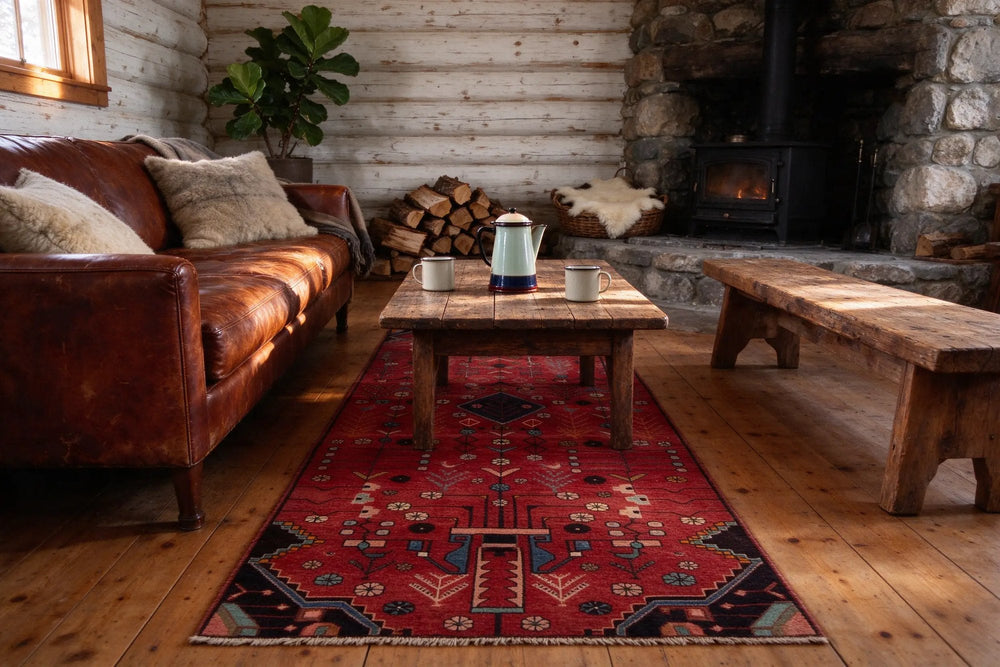Log cabin sitting room with a stone hearth and wood stove, a deep red Lori rug between a leather sofa and a bench