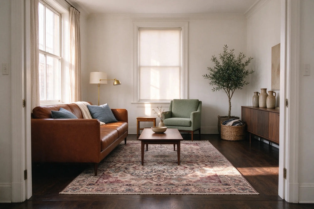 Prewar living room through a doorway, a cognac leather sofa at the edge of a pale Nain rug on a dark floor, sage armchair behind