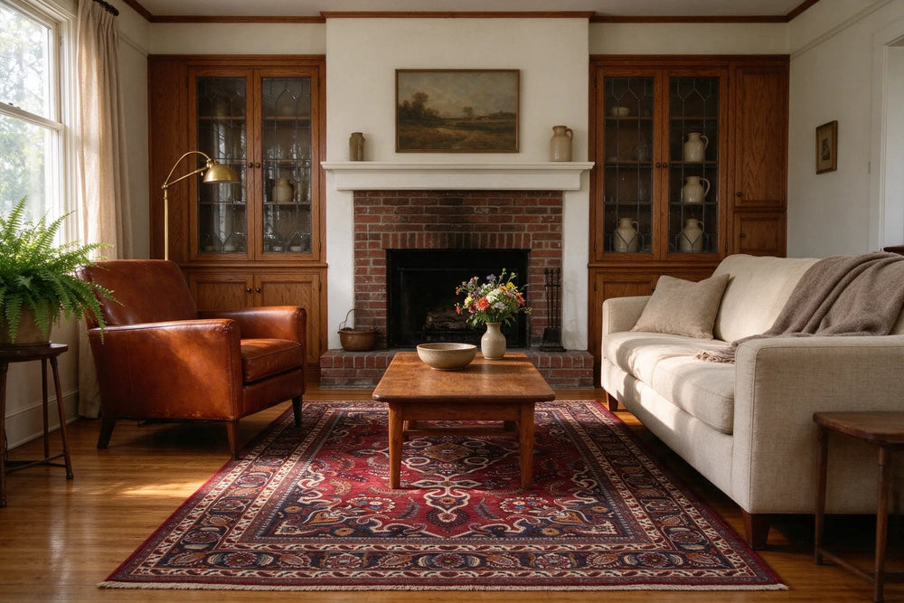Bungalow living room with oak built-ins and a brick fireplace, a burgundy Mashhad rug under a leather armchair, linen sofa and oak table