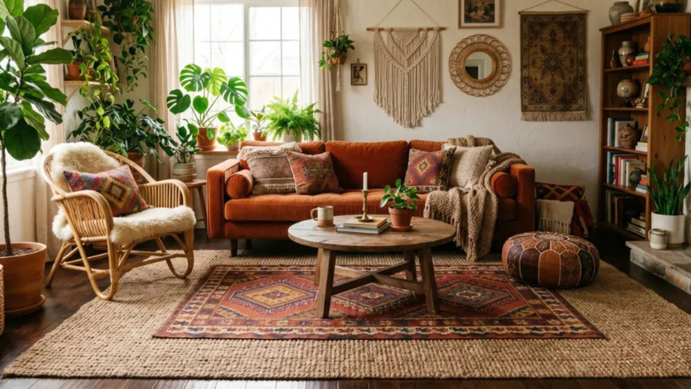Vintage rug layered over carpet in a living room