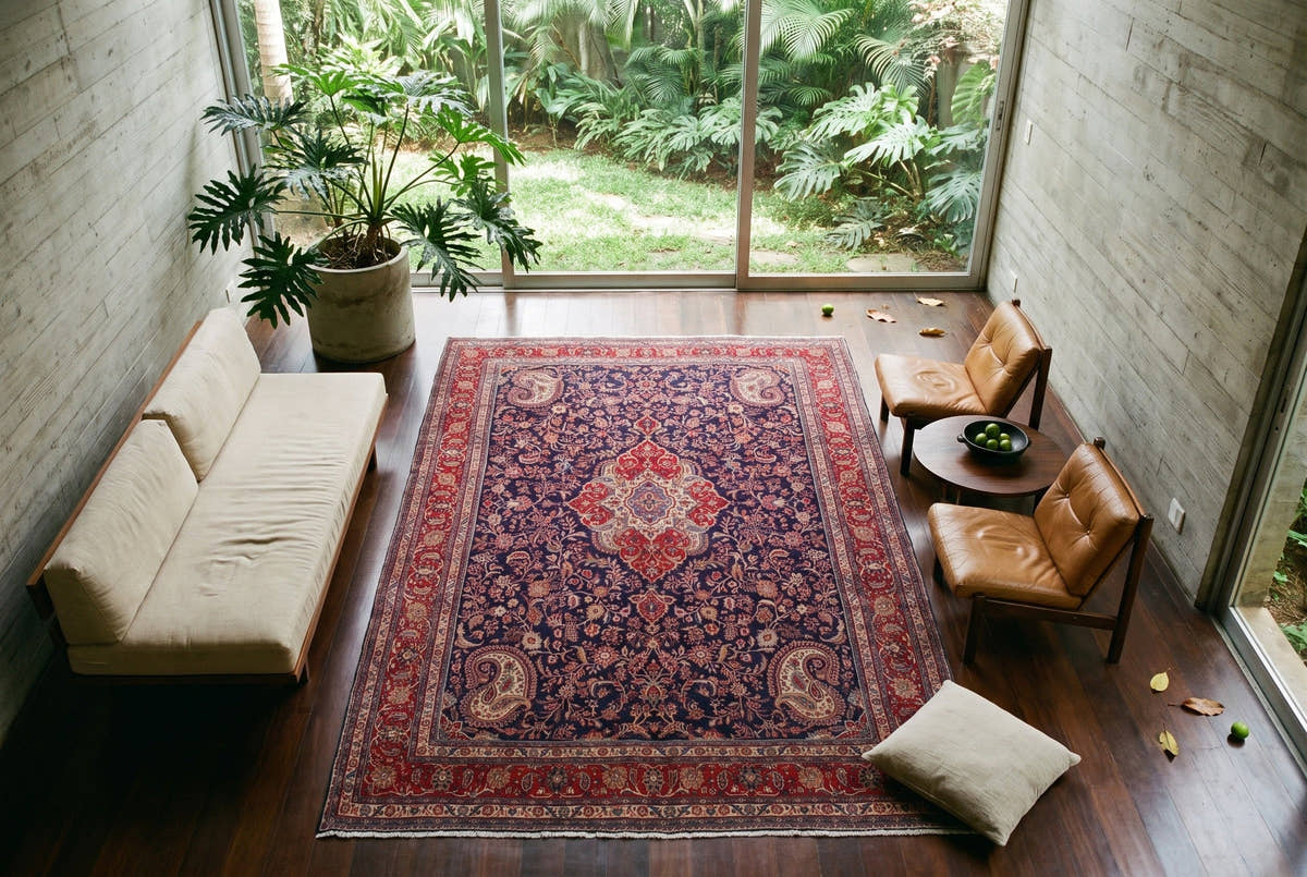 Seen from above, a vintage Persian rug with an indigo field, red medallion and paisley corners in a concrete living room that opens onto a tropical garden