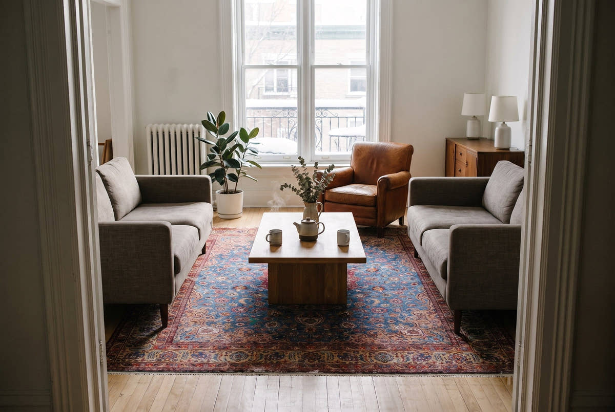 A large blue and red vintage Persian Mashhad rug in the living room of a 1910s apartment on the Plateau Mont-Royal, Montreal