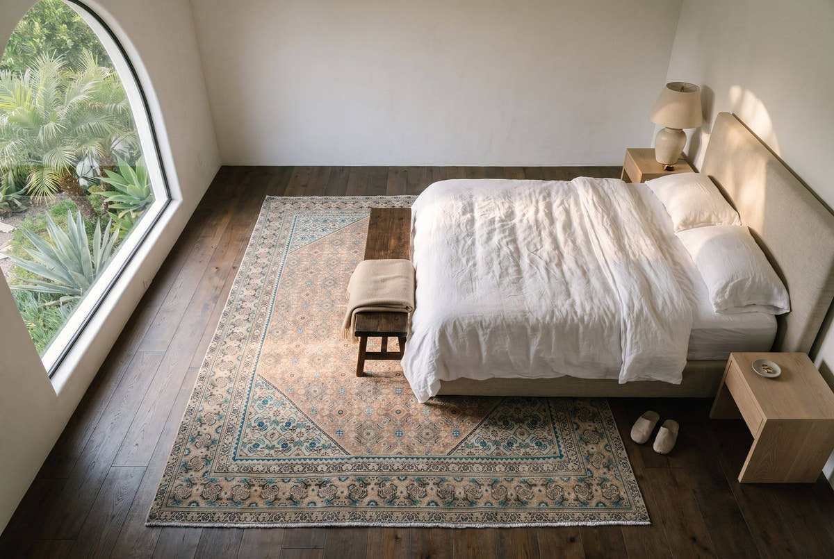 A salmon and sand vintage Persian Mahal rug seen from above at the foot of a linen bed in a Los Angeles Spanish Colonial bedroom with an arched garden window