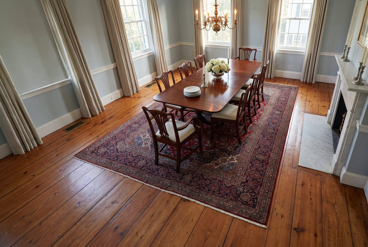 A red and navy vintage Persian Kashan rug in the dining room of a Federal-style brick house in Georgetown, Washington, DC