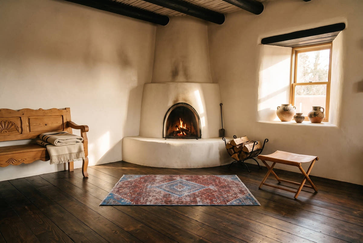 A small faded red and blue vintage Persian Joshaghan rug in front of a kiva fireplace in a Santa Fe adobe