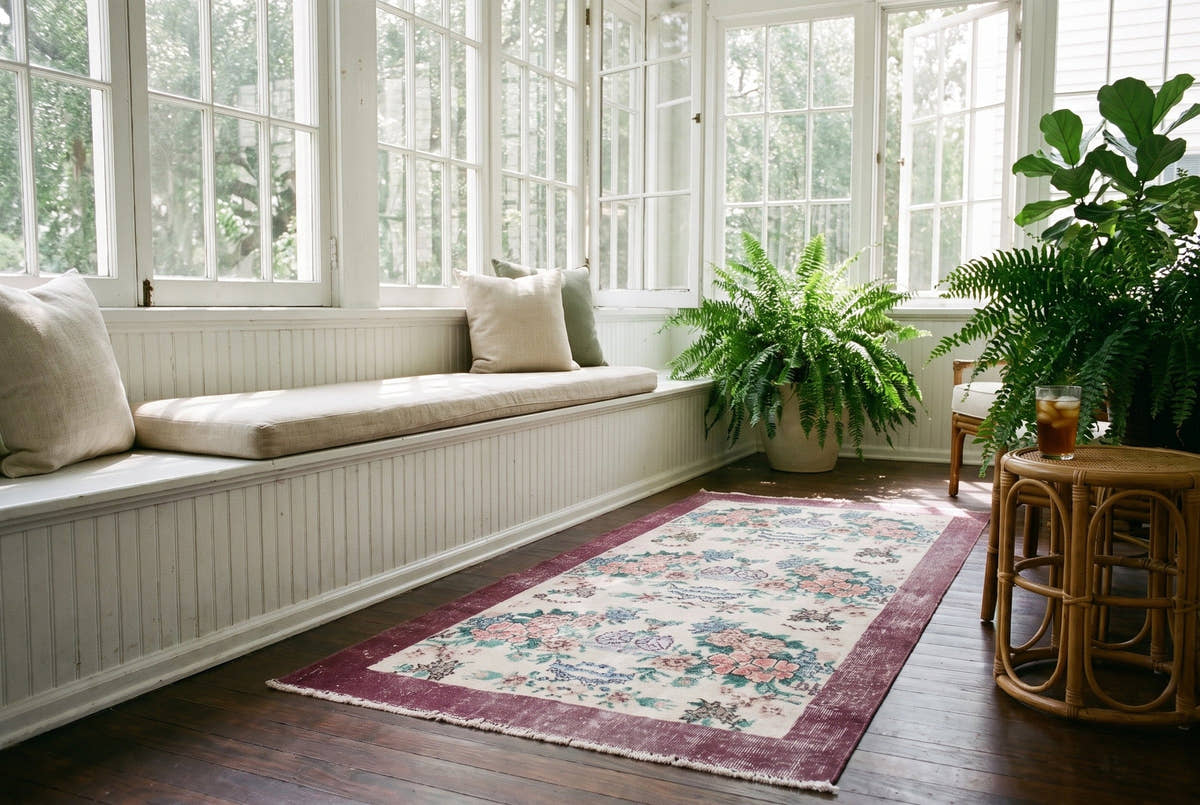A cream vintage Turkish Isparta rug with rose garlands and a plum border in a sunroom in Savannah, Georgia