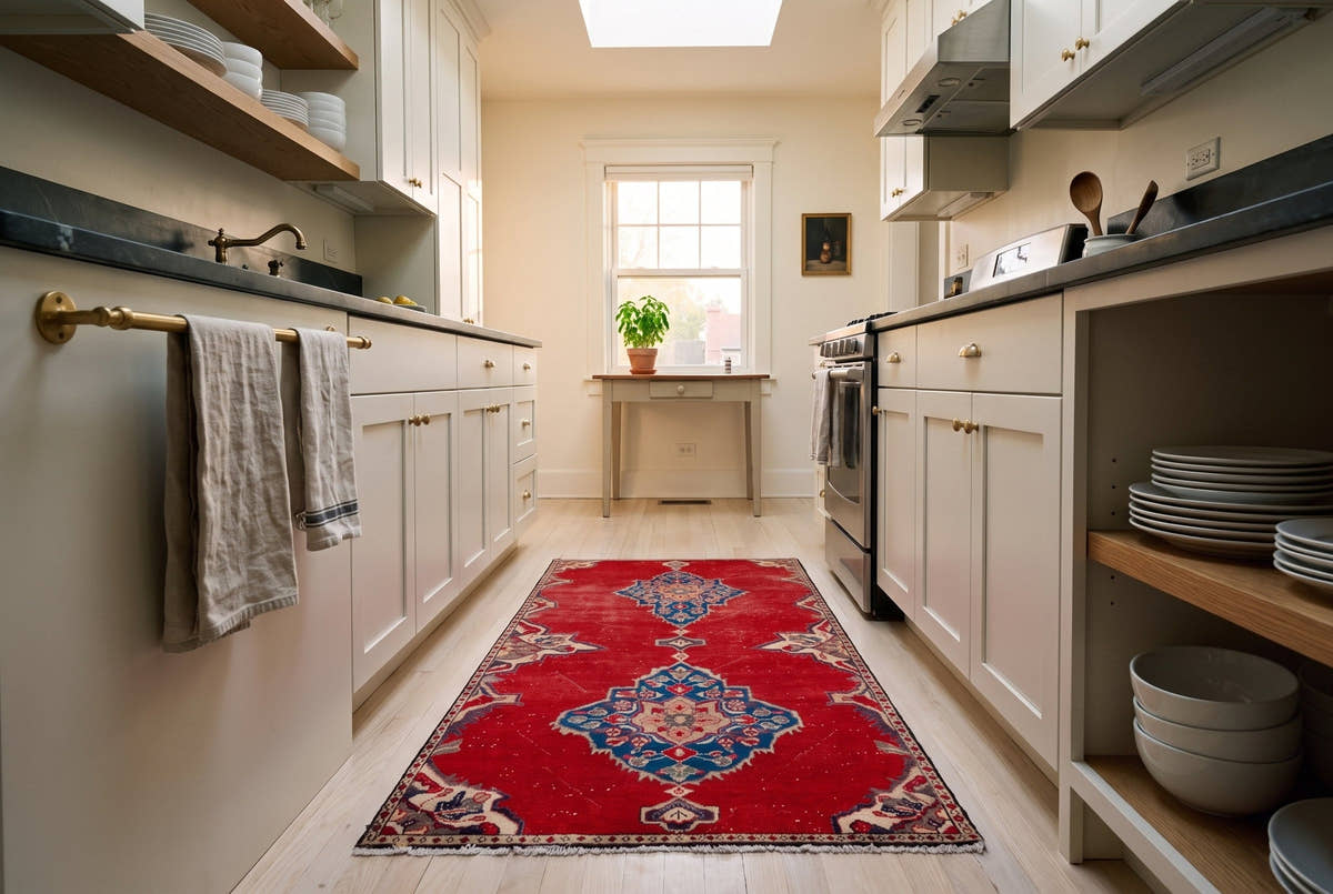 A bright red vintage Persian Arak rug in a galley kitchen in a 1910s two-flat in Chicago’s Logan Square