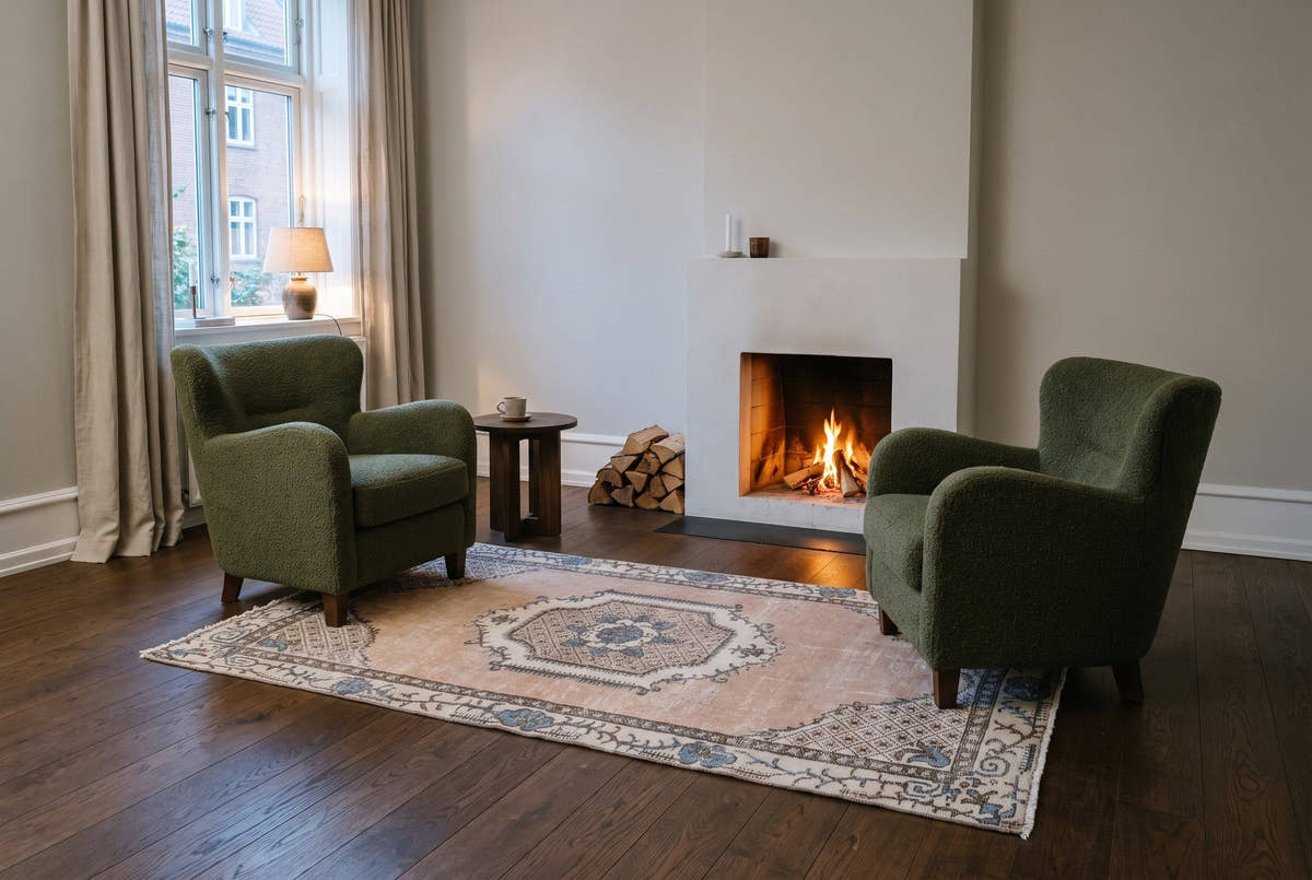 A soft blush vintage Turkish Isparta rug in a small sitting room in a 1900s apartment in Copenhagen’s Østerbro