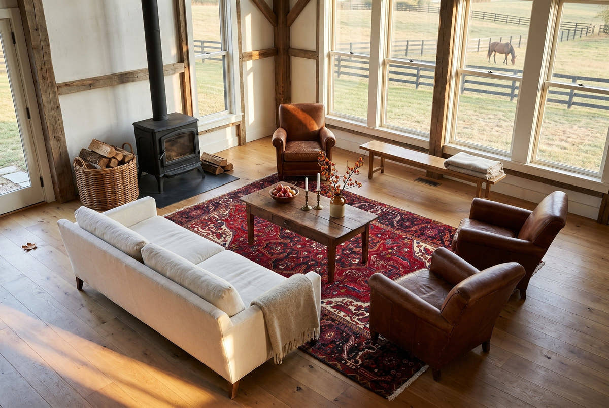 A red vintage Persian Gorevan rug with ivory corners in a converted horse farm barn in Kentucky