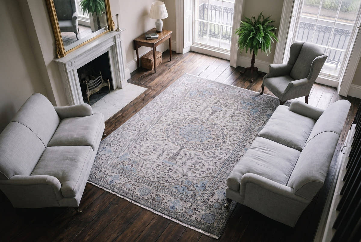 An ivory vintage Persian Kashan rug in a Georgian drawing room on Merrion Square, Dublin, seen from above