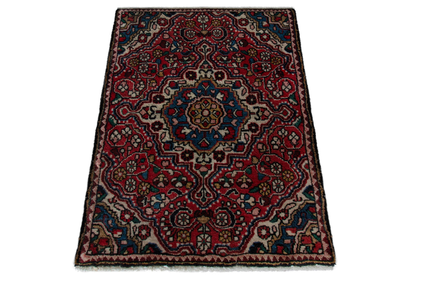 Persian Malayer accent rug in deep red and cream, view 2 of 8