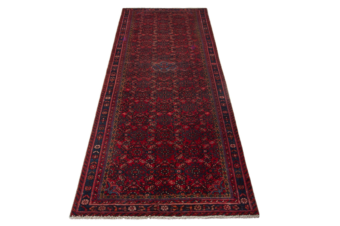Persian Hossein Abad runner rug in burgundy and dark blue, view 2 of 18