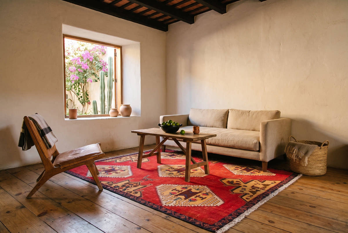 A red vintage Persian Sirjan rug with ivory and saffron lozenges in a sunlit hacienda living room in Oaxaca
