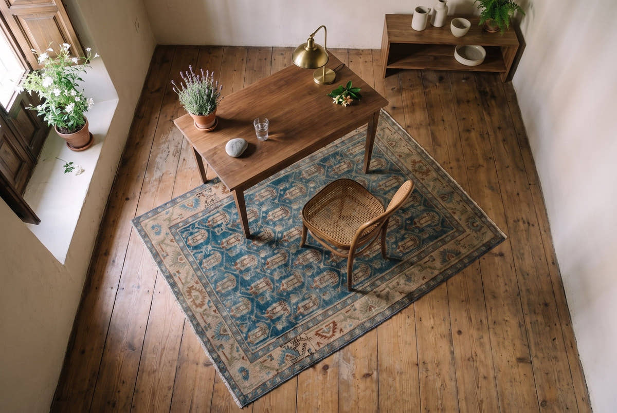 A teal vintage Persian Borujerd rug seen from above with rows of botteh in a sunlit study in Seville