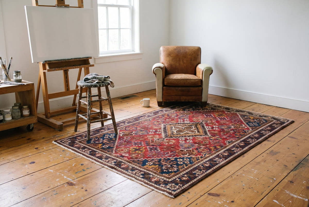 A vintage Persian Joshaghan rug with a red field and stepped diamond medallion on the paint-flecked pine floor of a painter’s studio, beside an easel and a leather armchair