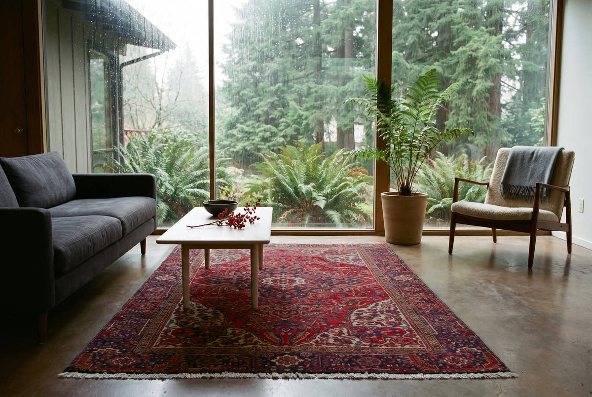 A vintage Persian Heriz rug with a red field and ivory corners on the polished concrete floor of a 1960s Northwest modern living room, glass walls looking onto ferns in the rain