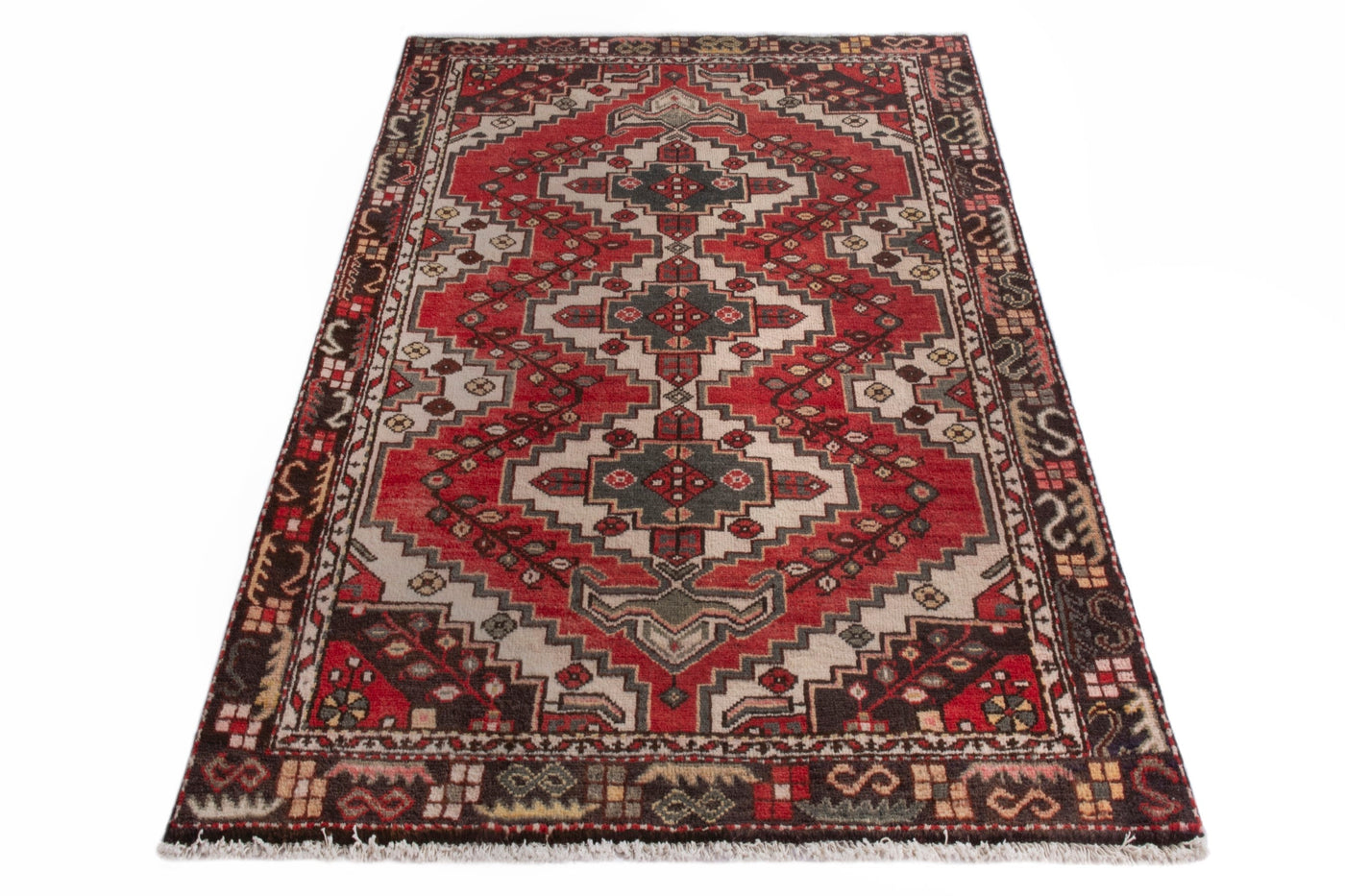 Persian Bakhtiari accent rug in deep red and cream, view 2 of 19