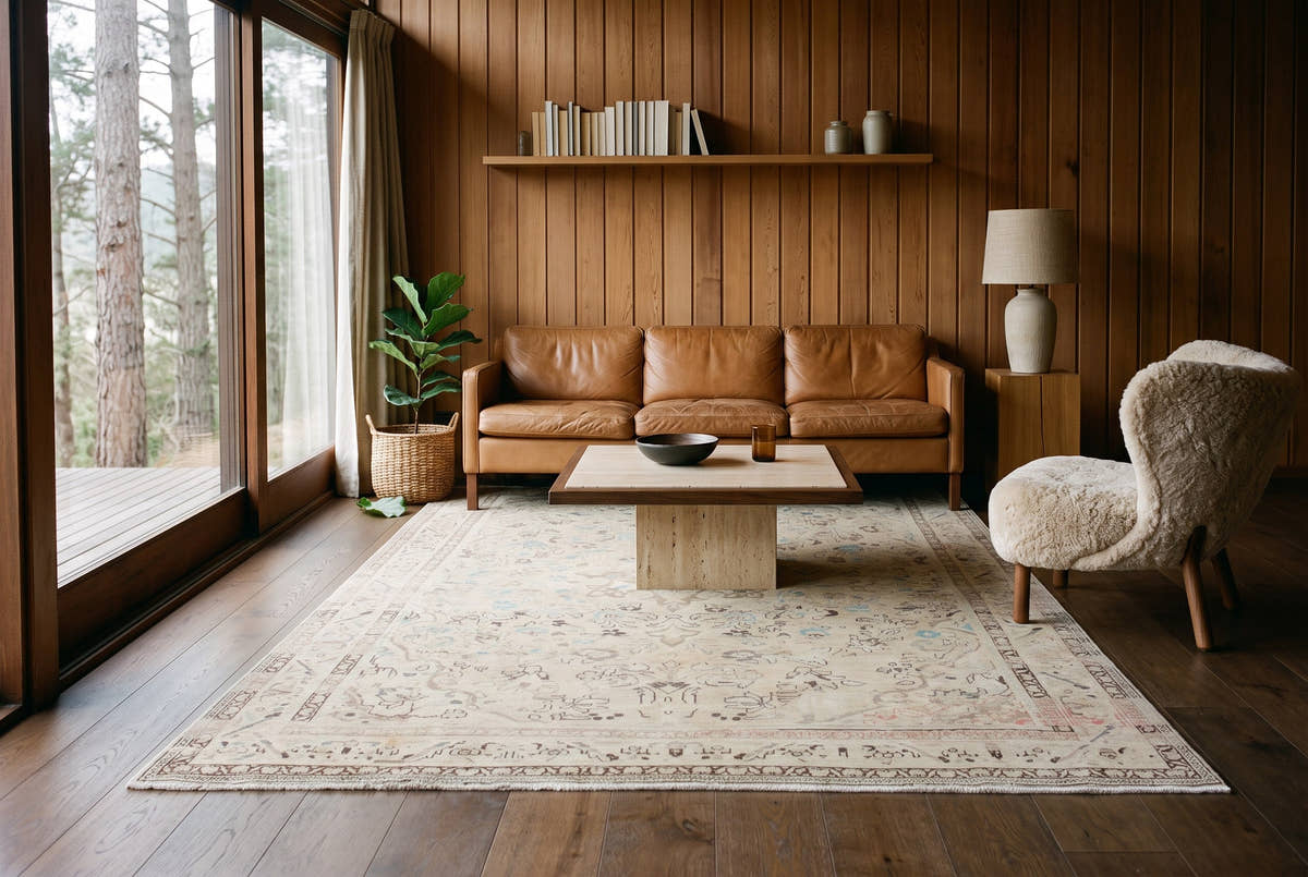Vintage Persian Hamedan rug with a soft beige field in a cedar-clad hillside living room