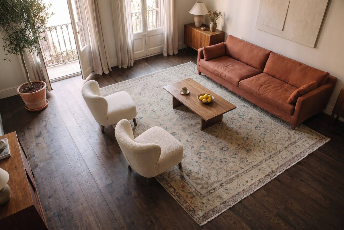 A beige vintage Persian Hamedan rug seen from above in a Modernista apartment living room in Barcelona