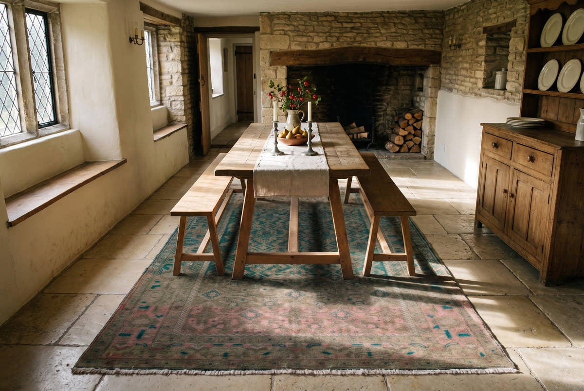 A deep teal vintage Persian Malayer rug in a long, narrow dining room in a 17th-century stone cottage in the Cotswolds, England