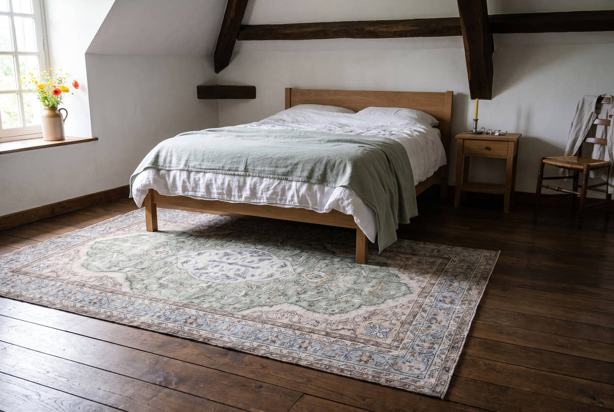 A pale sage vintage Turkish Isparta rug in an attic bedroom of a stone farmhouse in Normandy