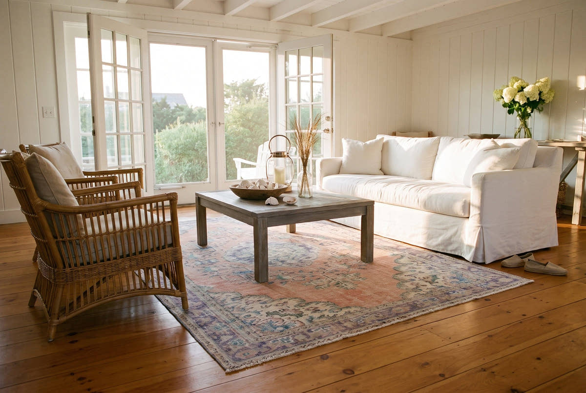 A faded peach vintage Turkish Manisa rug in the family room of a shingle-style summer house in East Hampton, New York