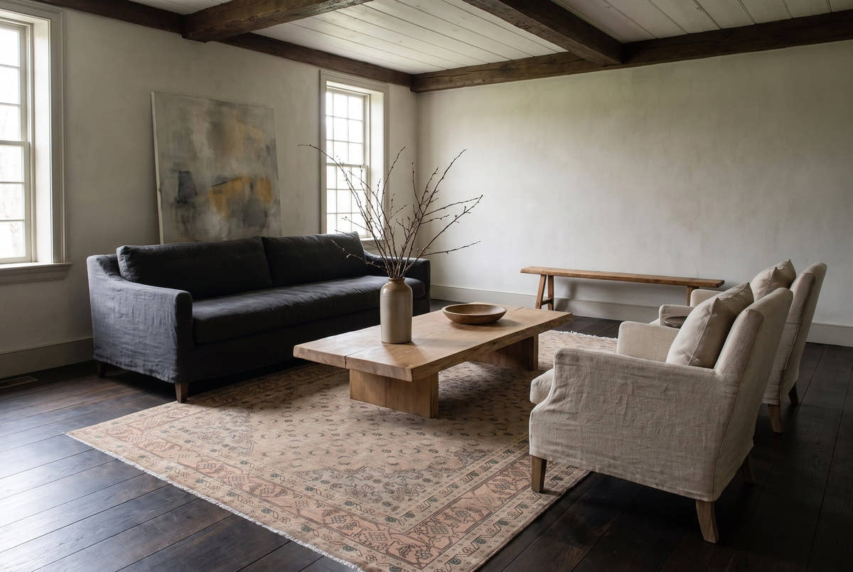 A taupe vintage Persian Ardabil rug with a fine all-over pattern in the living room of an 18th-century farmhouse in Flanders, Belgium