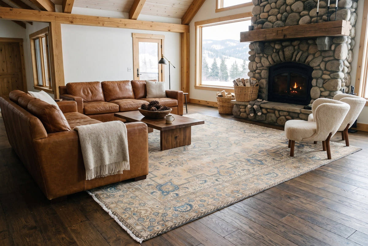A cream and gold vintage Persian Tabriz rug in the great room of a timber ranch house near Bozeman, Montana