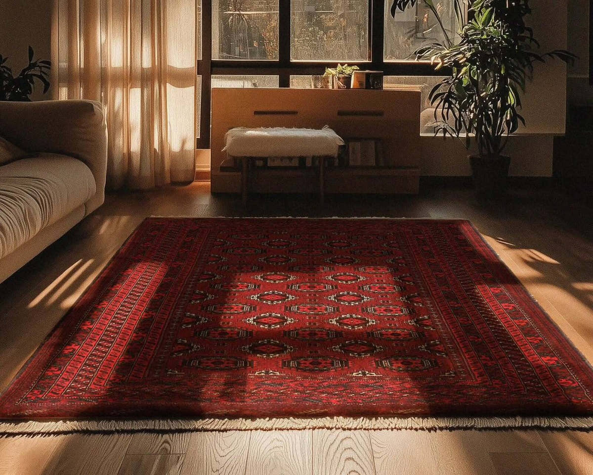 Vintage Persian Baluch rug in a living room