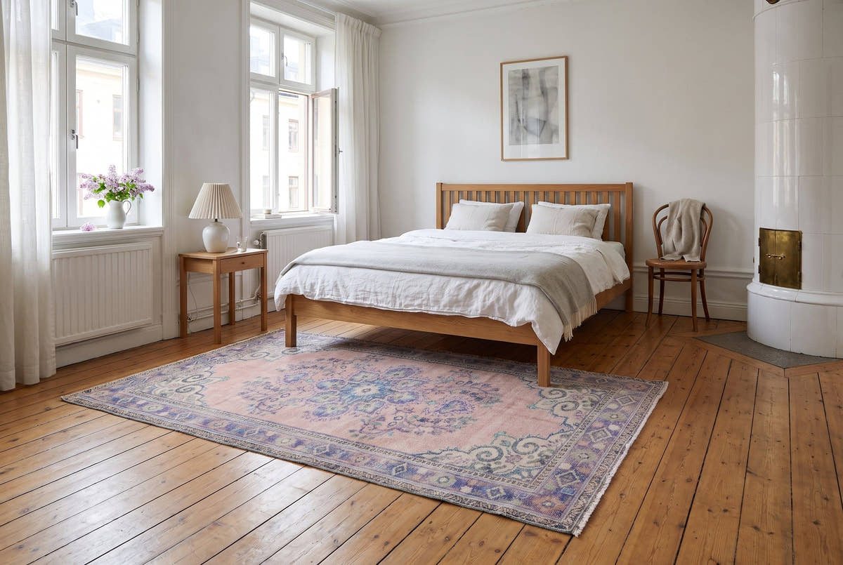 A soft pink vintage Turkish Manisa rug with a lavender medallion at the foot of a bed in a Stockholm bedroom