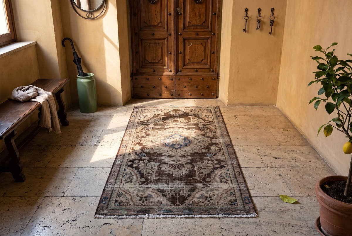 A brown vintage Persian Hamedan rug in the entrance hall of a palazzo apartment in Rome
