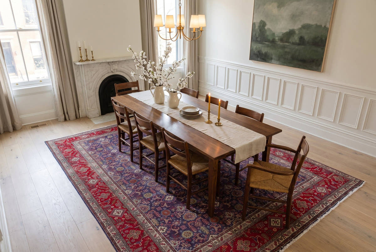 A large vintage Persian Tabriz rug with an indigo field in a brownstone dining room in Philadelphia